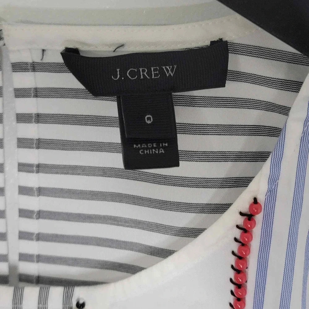 J Crew Sleeveless Beaded Tunic Top‎ 0 White Blue Stripe Side Zip Round Neck Boho